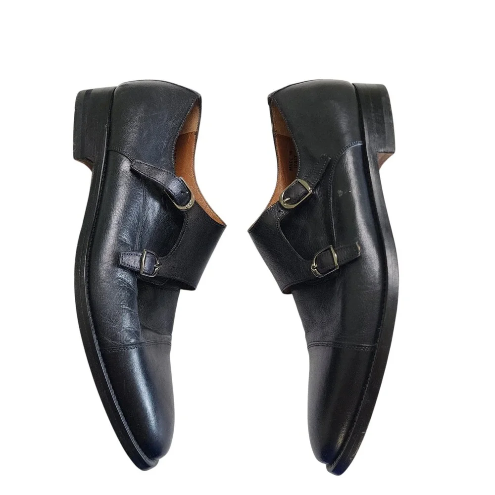 Antonio Maurizi Mens Black Leather Double Monk Strap Cap Toe Dress Shoes Size 44